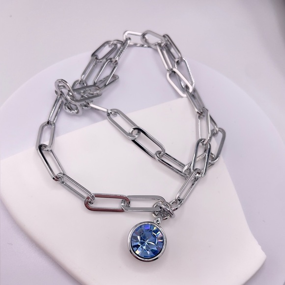 Light Sapphire Blue Crystal Silver Necklace, Blue Stone Round Charm Necklace - Picture 3 of 7